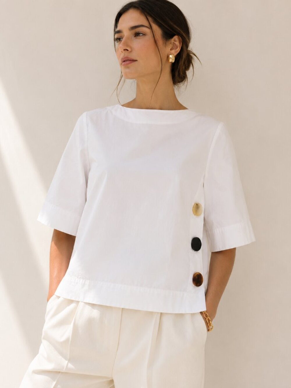 ICICLE Atelier White Cotton Poplin Top Oversized Side Button Minimalist Blouse